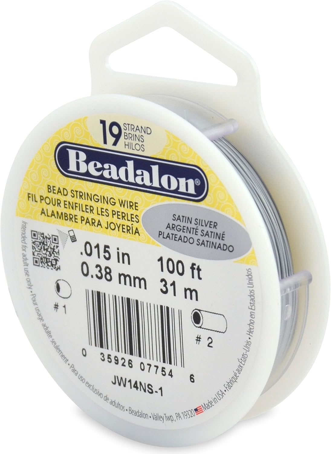 Beadalon 19-Strand Bead Stringing Wire, 0.015-Inch, Satin Silver, 100-Feet